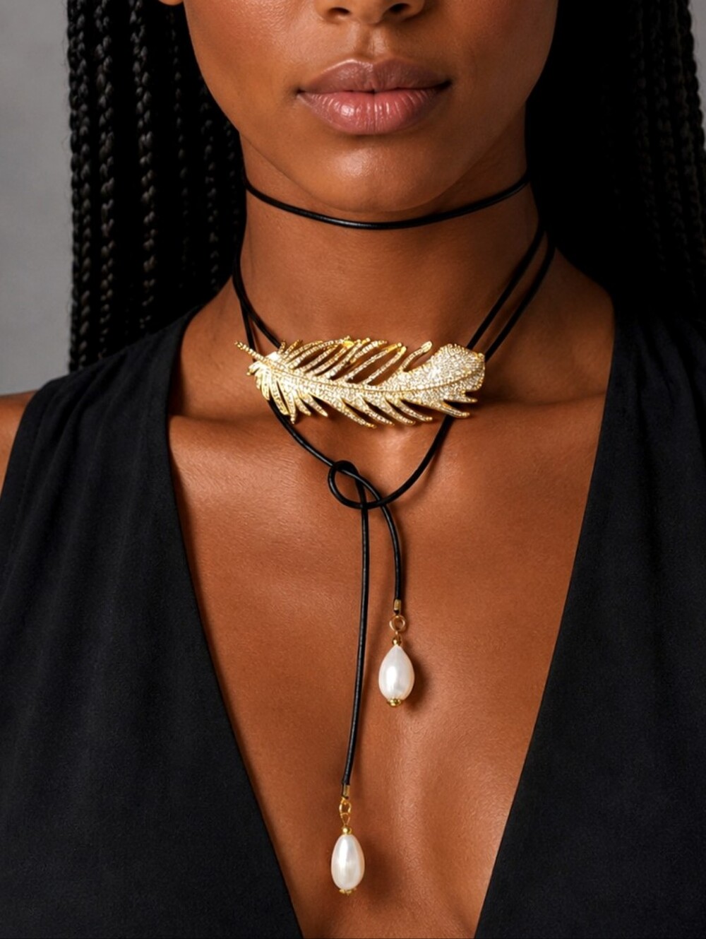 14K Gold plated Feather Choker Topaz Pave Genuine Leather Pearl Necklace Lariat